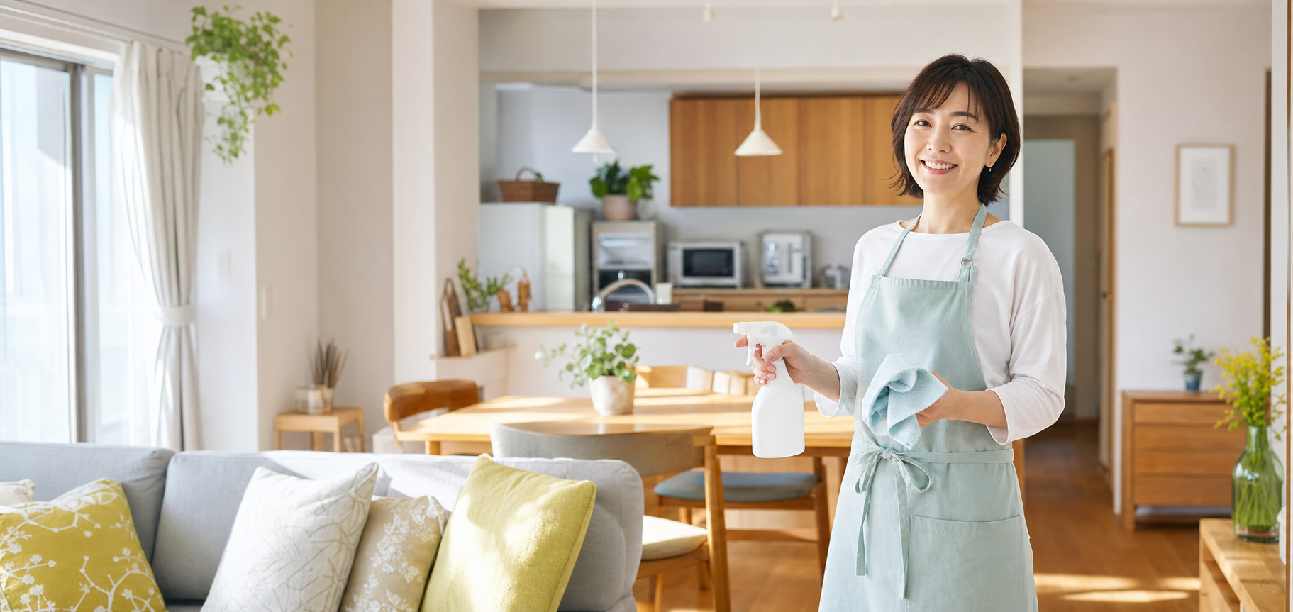 明るい自宅で掃除道具を持って微笑む女性
