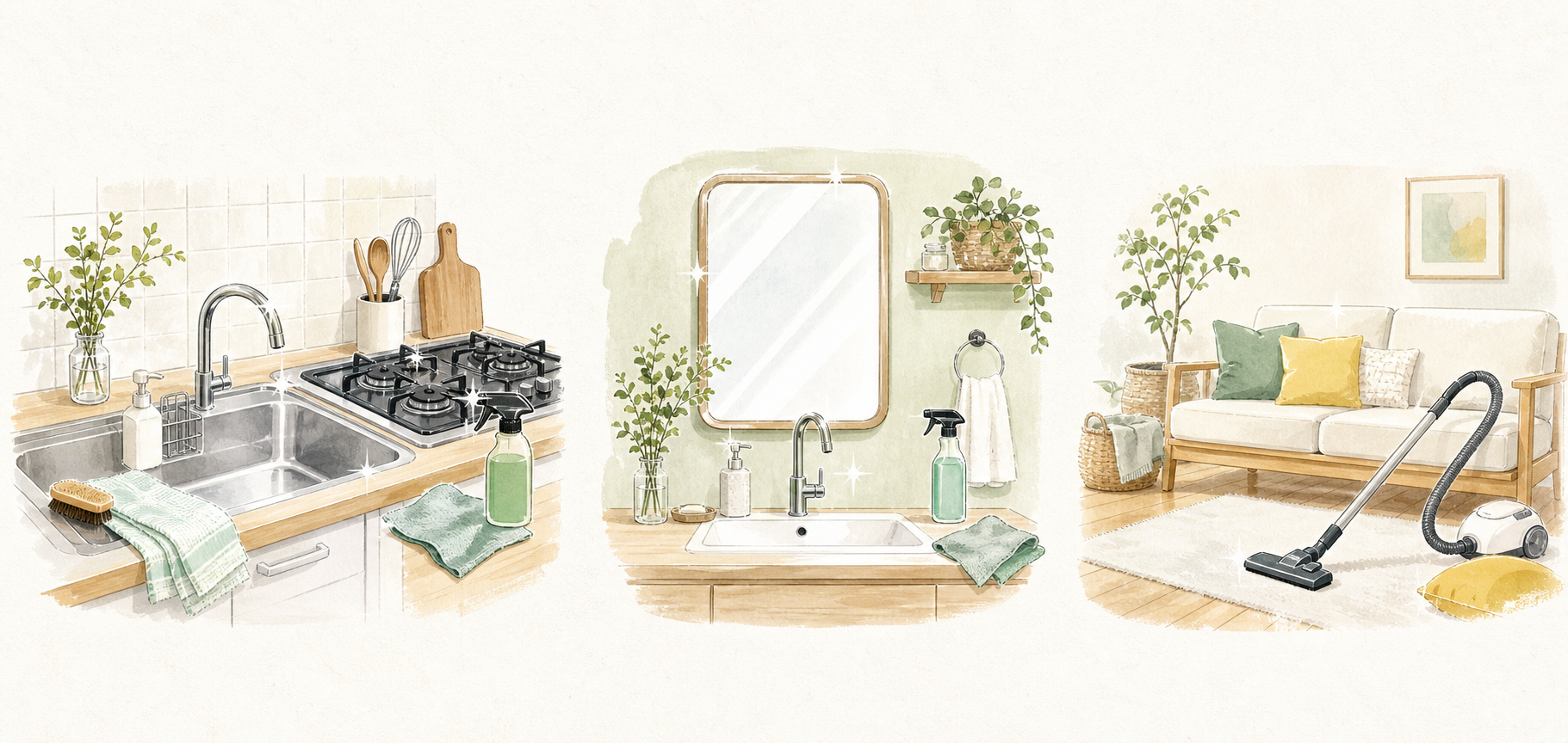 キッチン、洗面台、リビング掃除のやわらかなイラスト